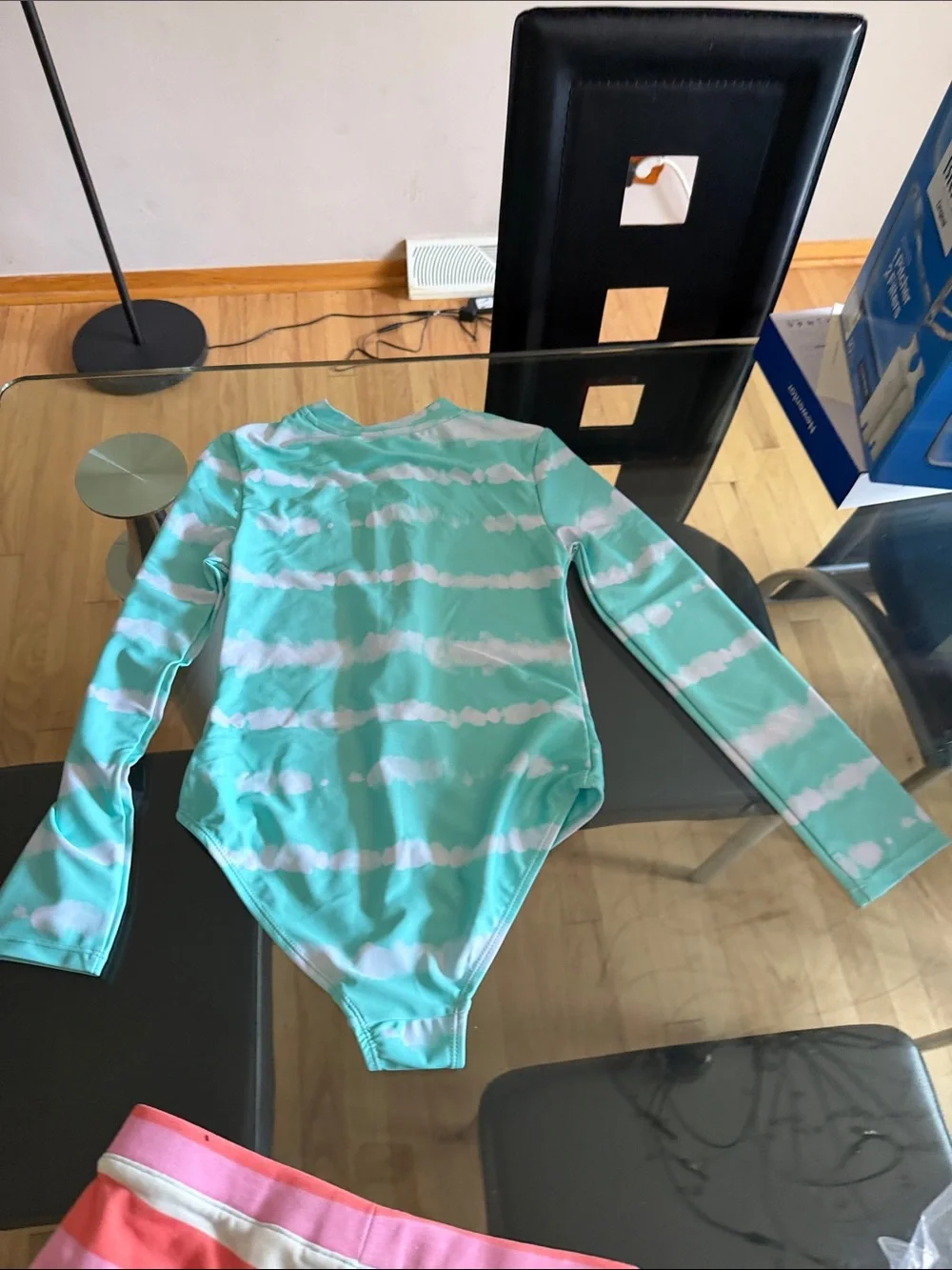 Girls' Teal Striped Long-Sleeve Rash Guard & Colorful Stripe Swim Shorts Set